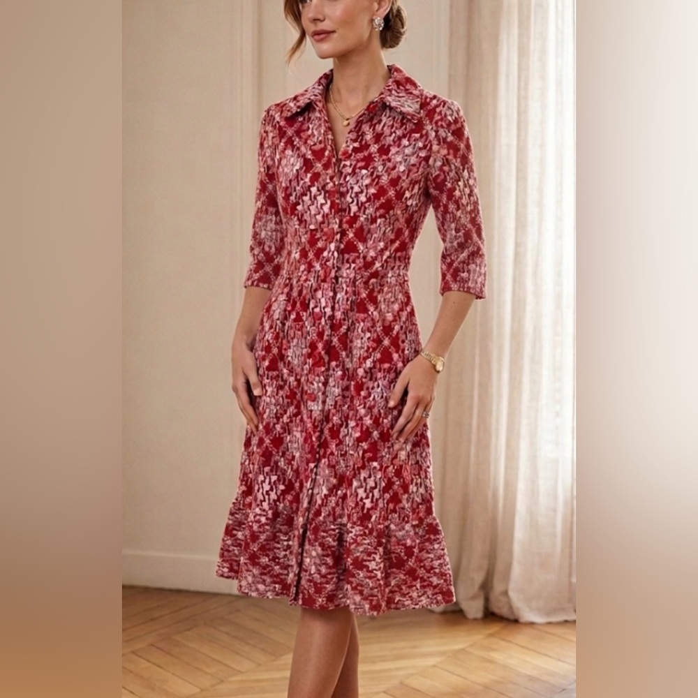Vintage Richard‎ Frontman Red White Geometric Knit Button Down Ruffle Midi Dress